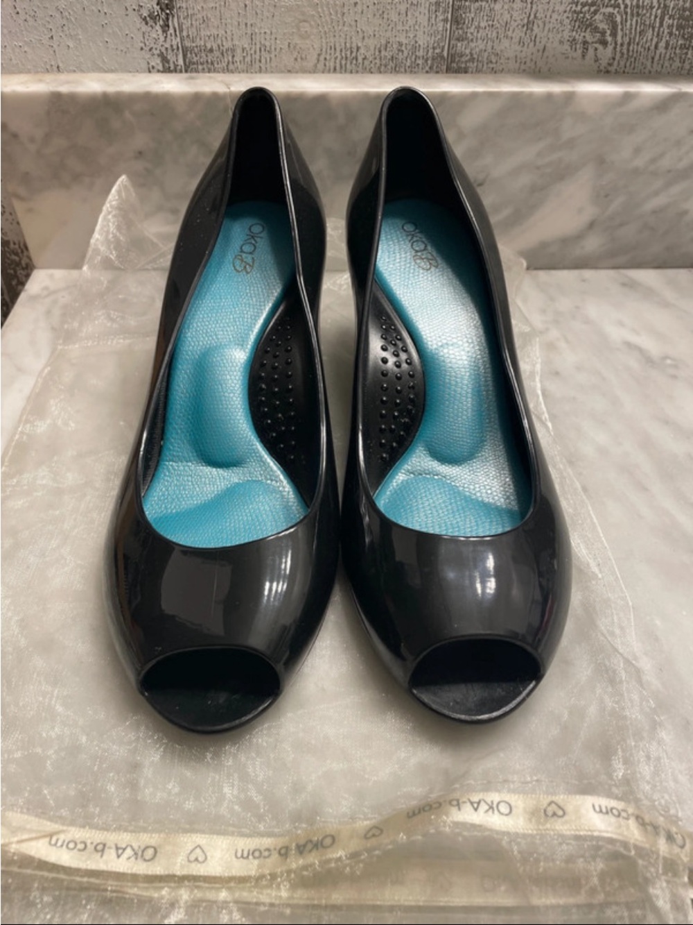 OKA b. Black Peep-Toe Heels with Blue Insole